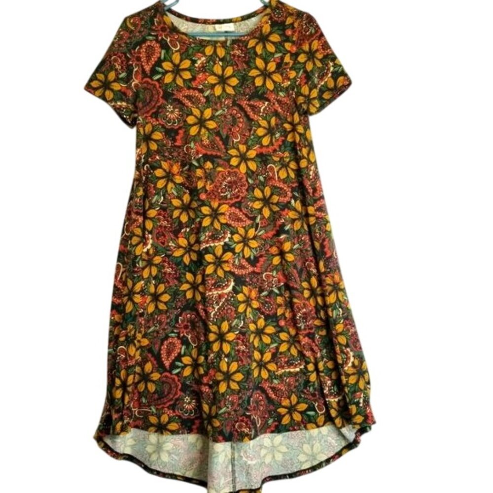 Lularoe Floral Swing Dress XXS Short Sleeve‎ High-Low Black Yellow Red Stretch